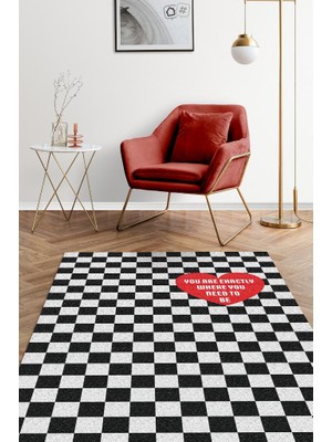 Homshtag Olman Gereken Yer Siyah Beyaz Kareli Halı Geometrik Salon Halısı Aşk Temalı Modern Halı