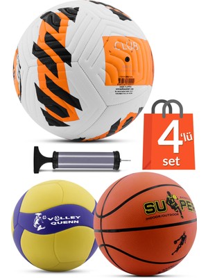 4'lü Set Basketbol Voleybol Sert Zemin Futbol Topu Top Şişirme Pompası Seti TURUNCU-018