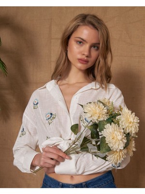 Tiffany & Tomato Çıtır Kanaviçe Nakışlı Keten Gömlek-Ekru