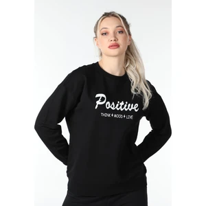 Kadın Bisiklet Yaka Regular Fit Baskılı Sweatshirt Siyah