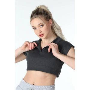 Kadın Polo Yaka Regular Fit Basic Crop Antrasit Melanj