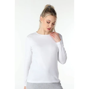 Kadın Bisiklet Yaka Uzun Kollu Regular Fit Basic Tişört Beyaz