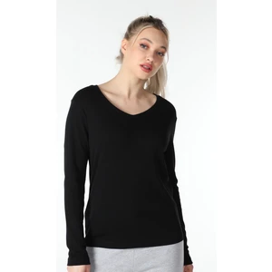 Kadın V Yaka Uzun Kollu Regular Fit Basic Tişört Siyah