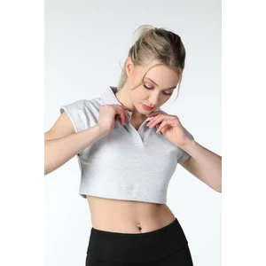 Kadın Polo Yaka Regular Fit Basic Crop Gri Melanj
