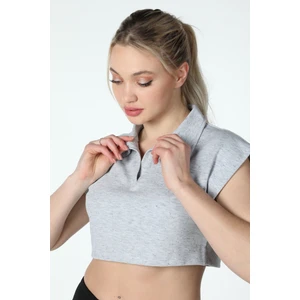 Kadın Polo Yaka Regular Fit Basic Crop Kırçıllı Gri Melanj