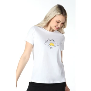 Kadın Bisiklet Yaka Kısa Kollu Regular Fit Baskılı Tişört Beyaz