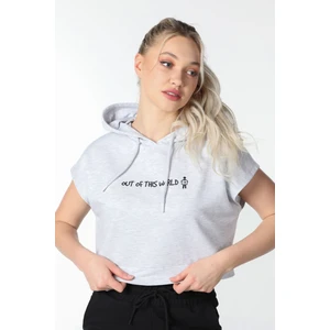Kadın Kar Melanj Baskılı Kapüşonlu Crop Sweatshirt - Mevsimlik İki İplik Pamuklu Hoodie