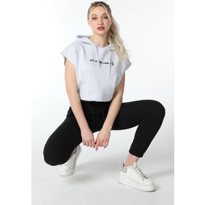 Kadın Baskılı Kapüşonlu Crop Sweat Kar Melanj
