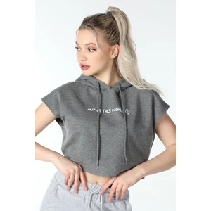 Kadın Baskılı Kapüşonlu Crop Sweat K.Gri