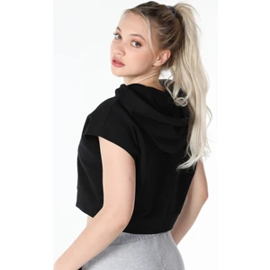 Kadın Baskılı Kapüşonlu Crop Sweat Siyah