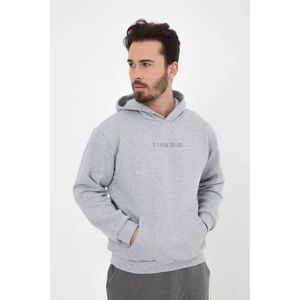 Erkek Kapüşonlu Şardonlu Regular Fit Basic Sweatshirt Gri Melanj