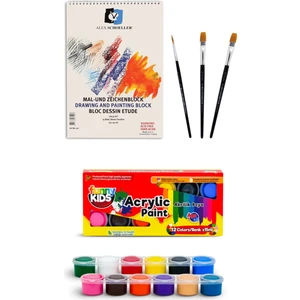 Resim Defteri 25X35 Spiralli 165 gr 15 Yaprak Funny Kids 12 Renk Akrilik Boyası 12X15 ml Set