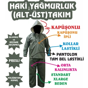 )HAKİ RENK YAĞMURLUK TAKIM,XL-BEDEN,PRESLİ(BALIKÇI)ORTA KALINLIKTA(SU-KOKU-RÜZGAR GEÇMEZ POLİ KUMAŞ)