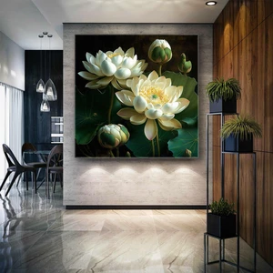 SML Tablo Beyaz Nilüfer Çiçeği Lotus Doğa Kanvas Tablo