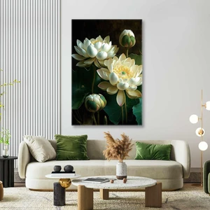 SML Tablo Beyaz Nilüfer Çiçeği Lotus Doğa Kanvas Tablo