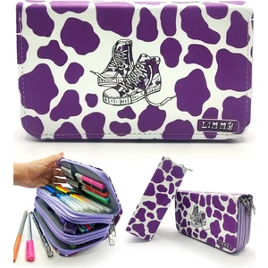 Kalem Kutusu Inek Desenli Kawai Organizer Kalemkutu Vegan Deri Üç Bölmeli Kalemlik - Mor