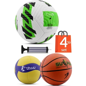 4'lü Set Basketbol Voleybol Sert Zemin Futbol Topu Top Şişirme Pompası Seti YEŞIL-018