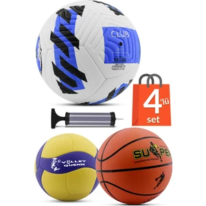4'lü Set Basketbol Voleybol Sert Zemin Futbol Topu Top Şişirme Pompası Seti MAVI-018