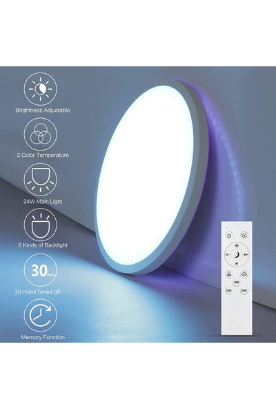 Goeco Kısılabilir LED Tavan Işığı, 24W Rgb Modern Tavan Lambası, 6 Renk Aydınlatmalı Su Geçirmez Işık Fikstürü, Oturma Odası Yatak Odası Banyo Mutfak Için Uzaktan Kumandalı Tavan Işığı (Yurt Dışından)