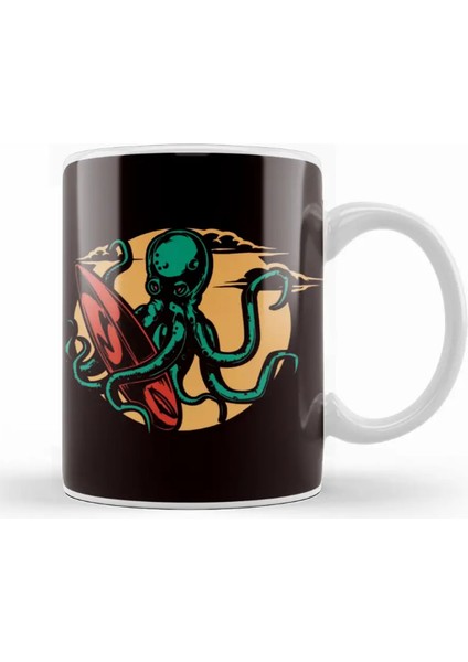 Octopus Surfer Surfing Surfboard Wave Ocean Water Sports Kupa Bardak Porselen