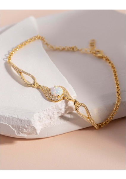 Beyaz Oval Opal Taşlı Doc Gümüş Bileklik