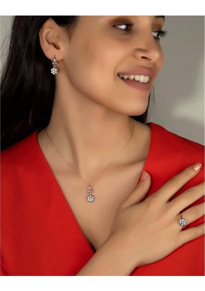 Elmas Montürü Gümüş Gül Modeli Takı Seti - 15