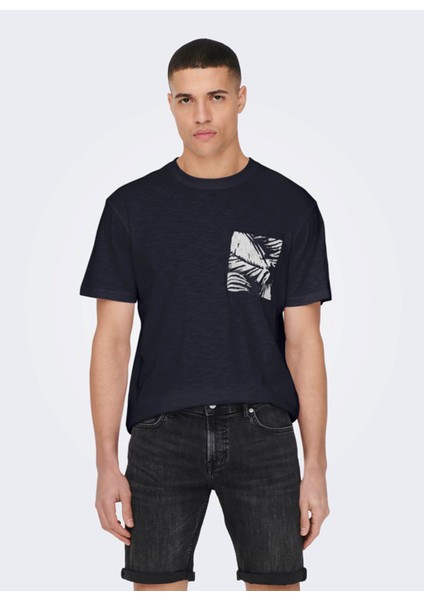 O Yaka Düz Lacivert Erkek T-Shirt 22025286_ONSPERRY Lıfe Reg Leaf Ss