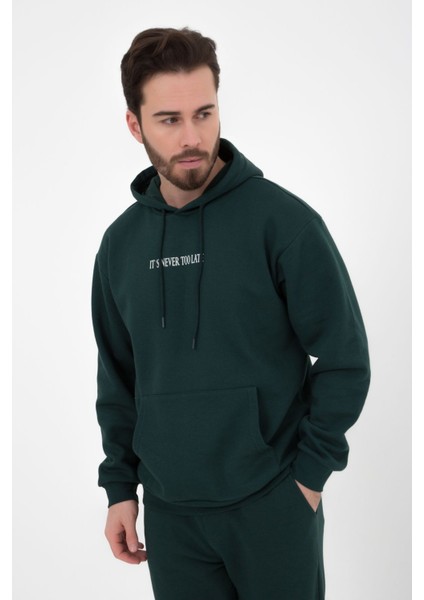 Erkek Baskılı Kapüşonlu Sweat Yeşil