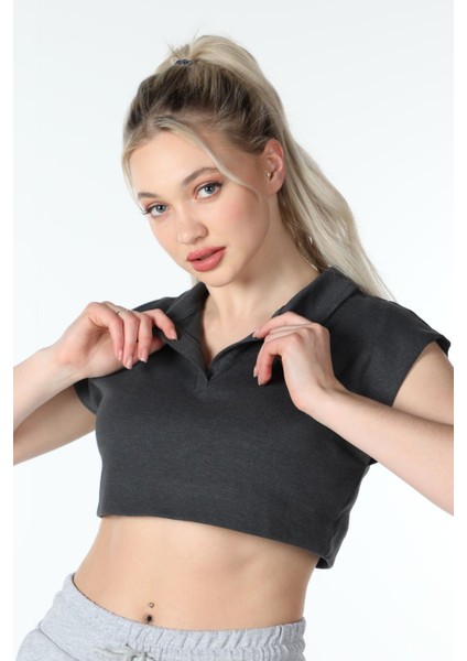 Kadın Yaka Detaylı Crop Antrasit