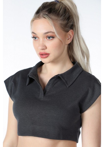 Kadın Yaka Detaylı Crop Antrasit fiyatları