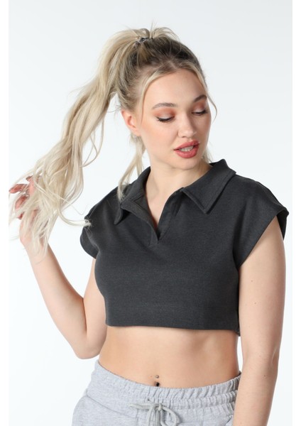Kadın Yaka Detaylı Crop Antrasit indirimleri