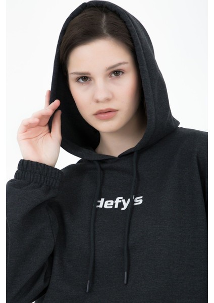 Kadın Baskılı Kapüşonlu Crop Sweat Antrasit