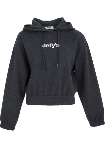 Kadın Baskılı Kapüşonlu Crop Sweat Antrasit