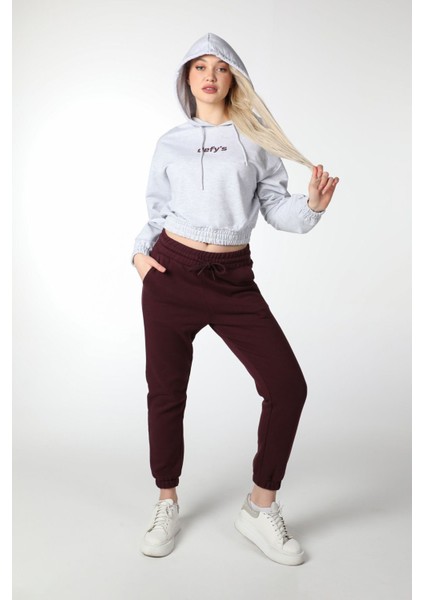 Kadın Baskılı Kapüşonlu Crop Sweat Gri modelleri