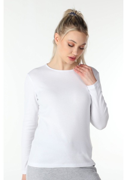 Kadın Bisiklet Yaka Uzun Kollu Regular Fit Basic Tişört Beyaz