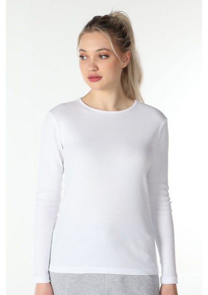 Kadın Bisiklet Yaka Uzun Kollu Regular Fit Basic Tişört Beyaz modelleri