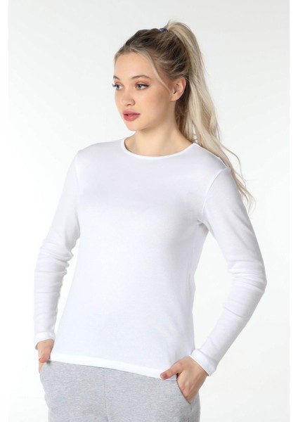 Kadın Bisiklet Yaka Uzun Kollu Regular Fit Basic Tişört Beyaz indirimleri