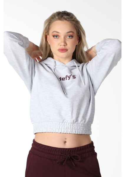 Kadın Baskılı Kapüşonlu Crop Sweat Gri indirimleri