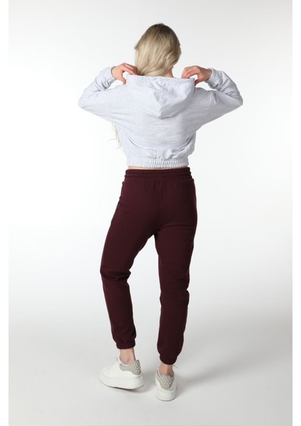 Kadın Baskılı Kapüşonlu Crop Sweat Gri