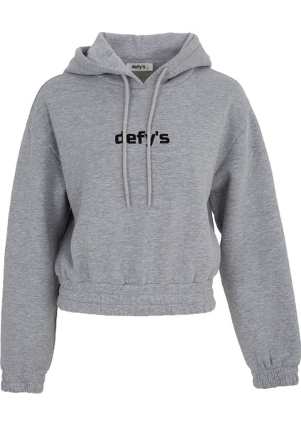 Kadın Baskılı Kapüşonlu Crop Sweat Gri
