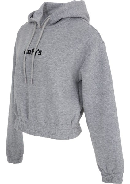 Kadın Baskılı Kapüşonlu Crop Sweat Gri