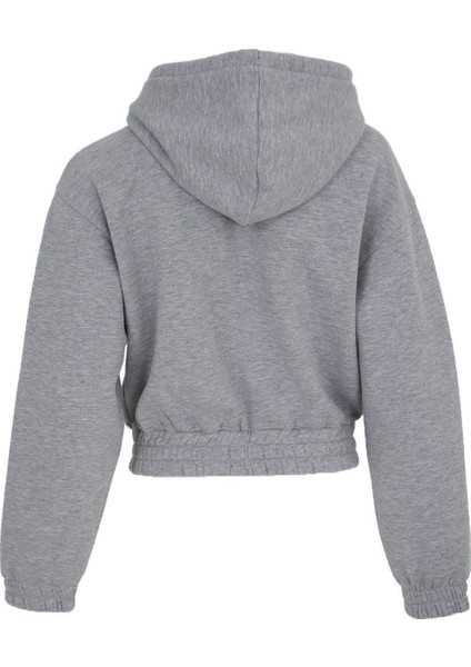 Kadın Baskılı Kapüşonlu Crop Sweat Gri