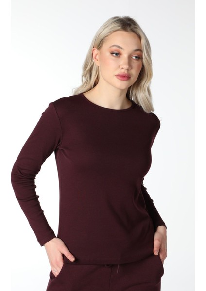 Kadın Bisiklet Yaka Uzun Kollu Regular Fit Basic Tişört Bordo