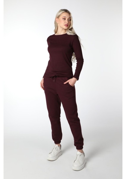 Kadın Bisiklet Yaka Uzun Kollu Regular Fit Basic Tişört Bordo modelleri