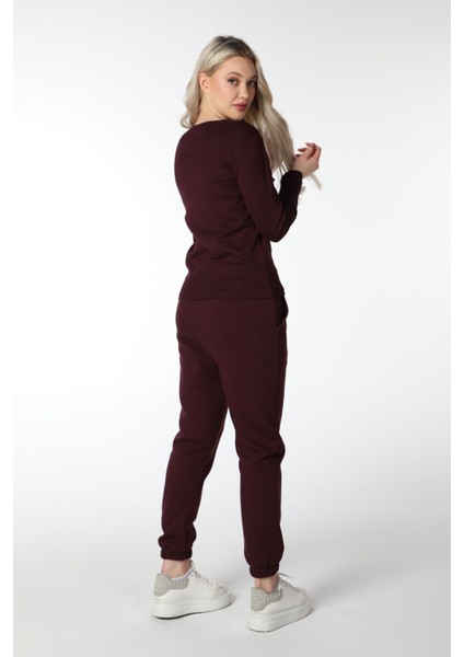 Kadın Bisiklet Yaka Uzun Kollu Regular Fit Basic Tişört Bordo indirimleri