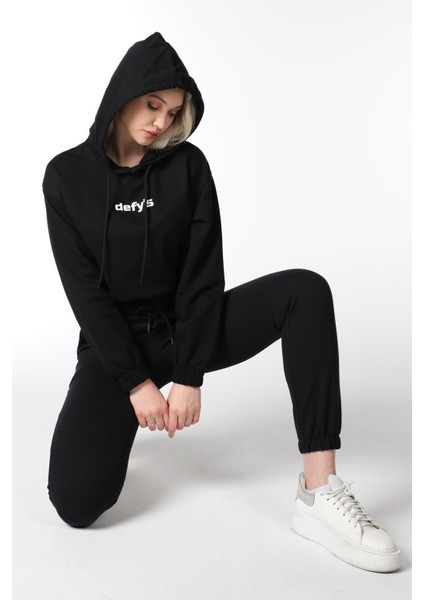 Kadın Crop Kapüşonlu Sweatshirt Antrasit Melanj