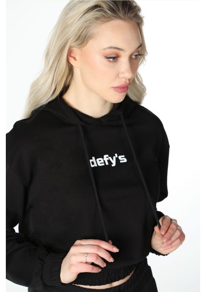 Kadın Crop Kapüşonlu Sweatshirt Antrasit Melanj modelleri