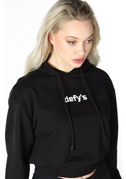 Kadın Crop Kapüşonlu Sweatshirt Antrasit Melanj