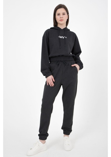 Kadın Lastikli Paça Cepli Regular Fit Jogger Eşofman Altı Antrasit Melanj