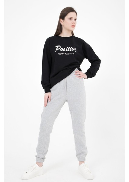 Kadın Lastikli Paça Cepli Regular Fit Jogger Eşofman Altı Gri Melanj